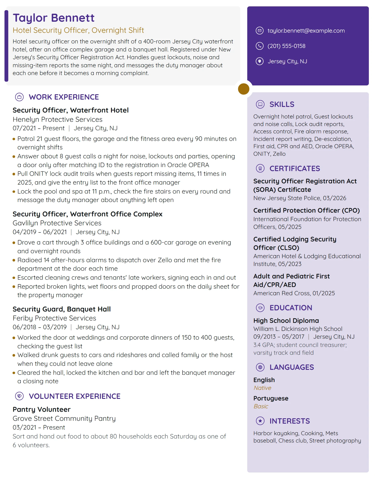 Hotel Security Guard resume example