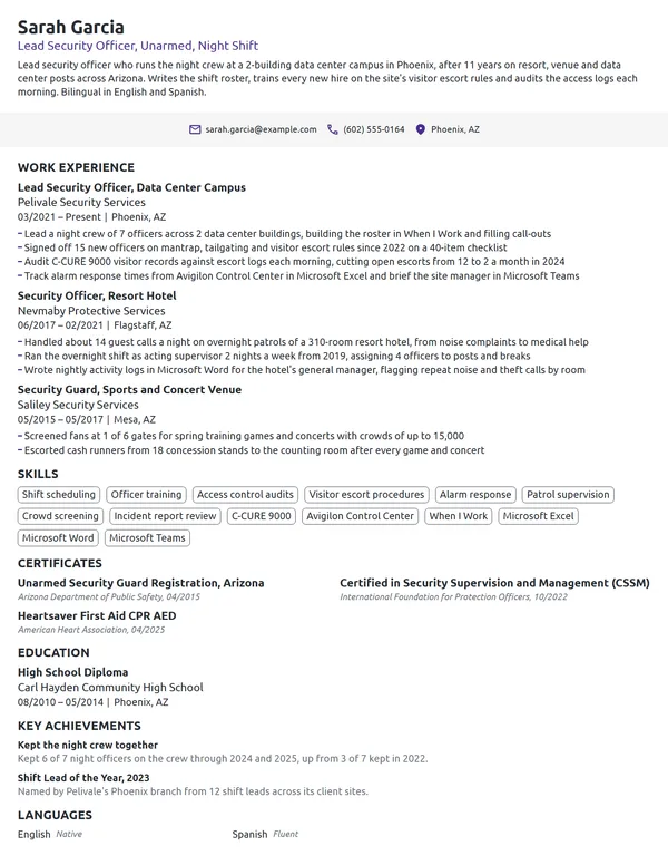Lead Security Guard resume example
