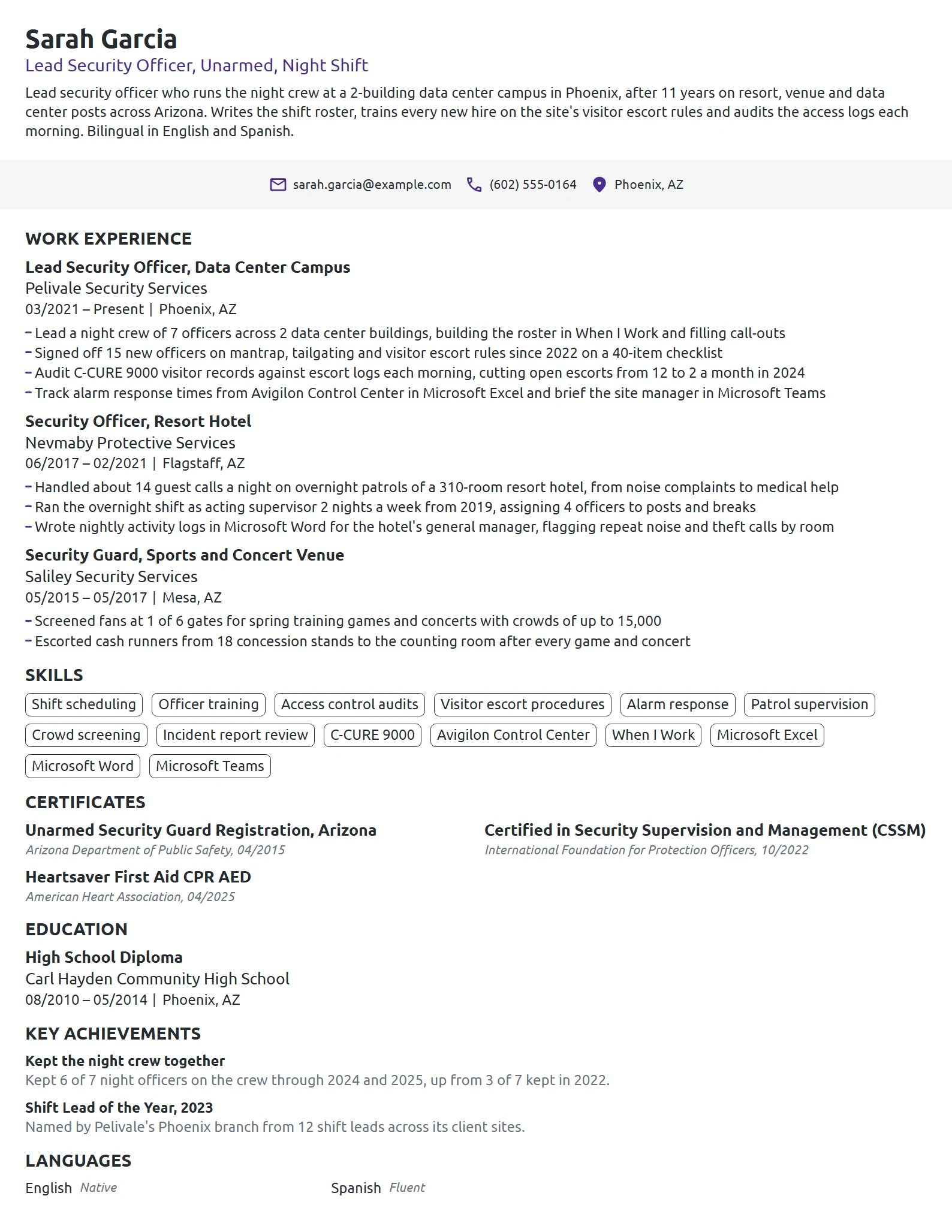Lead Security Guard resume example