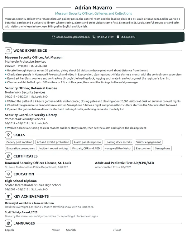 Museum Security Guard resume example