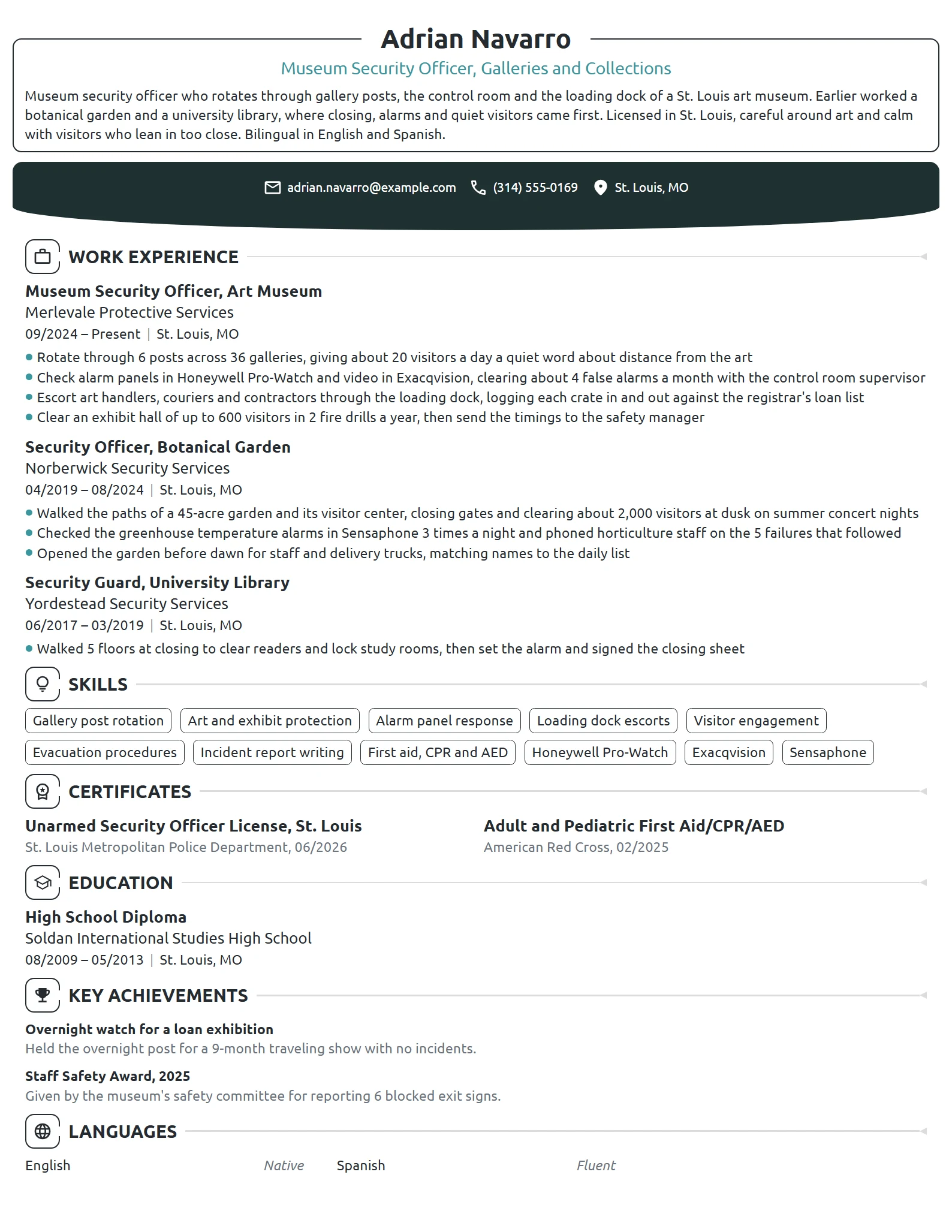 Museum Security Guard resume example