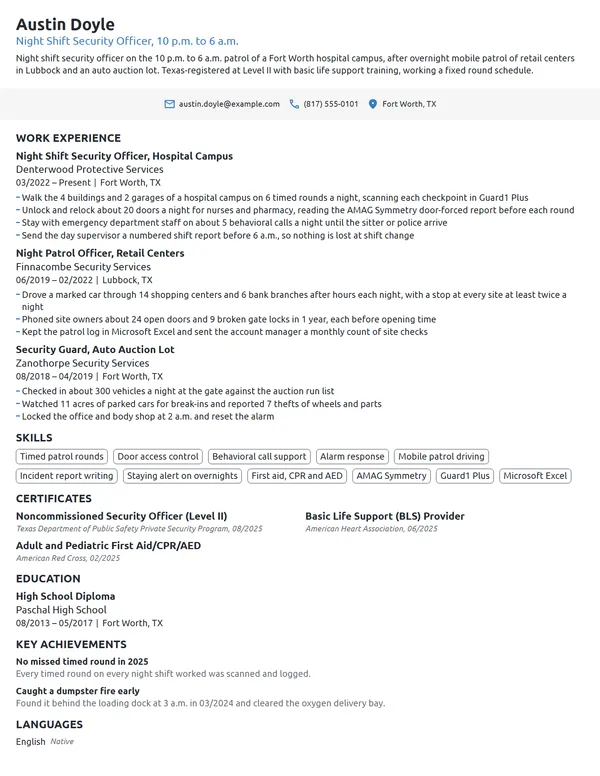 Night Shift Security Guard resume example