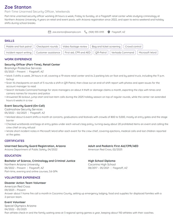 Part-Time Security Guard resume example