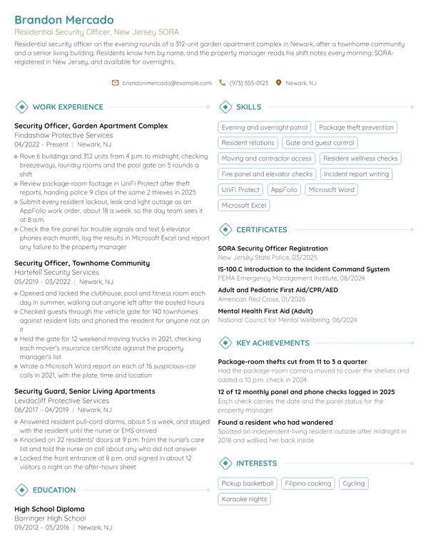 Residential Security Guard resume example