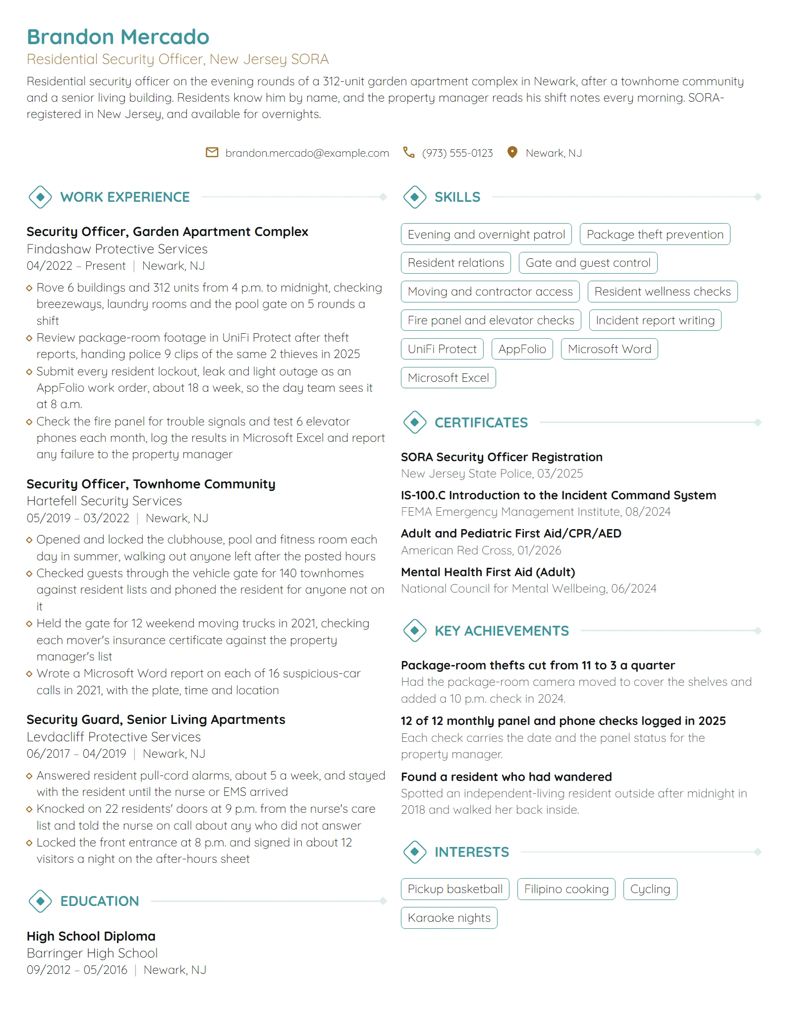 Residential Security Guard resume example