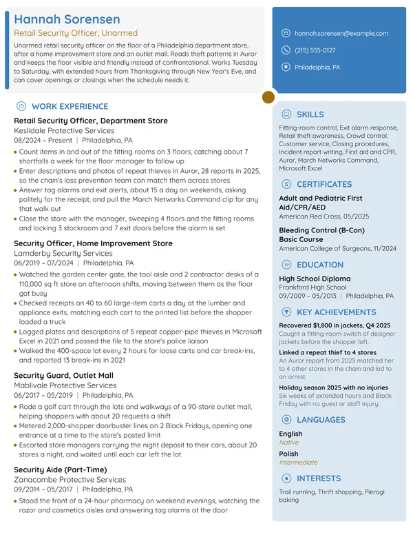 Retail Security Guard resume example