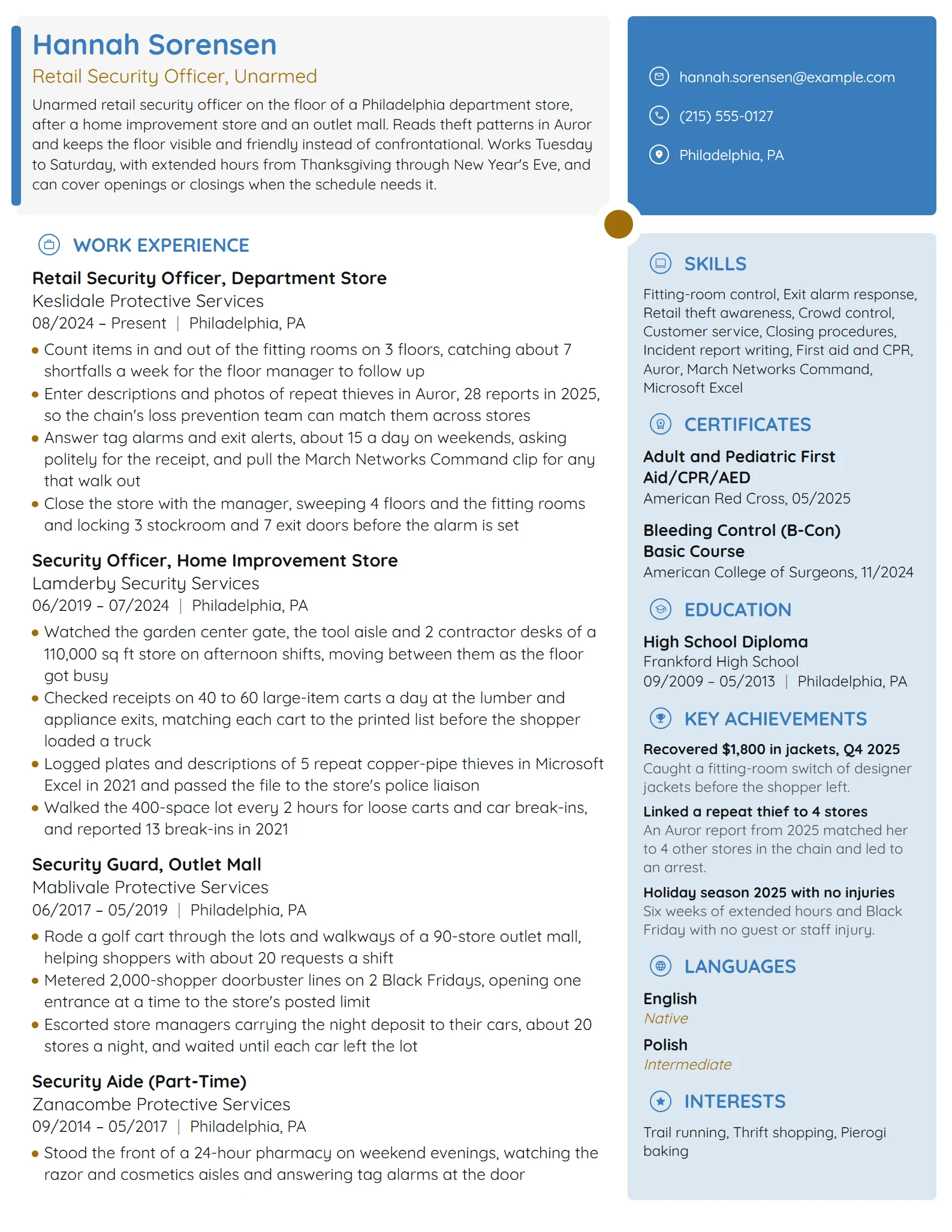 Retail Security Guard resume example