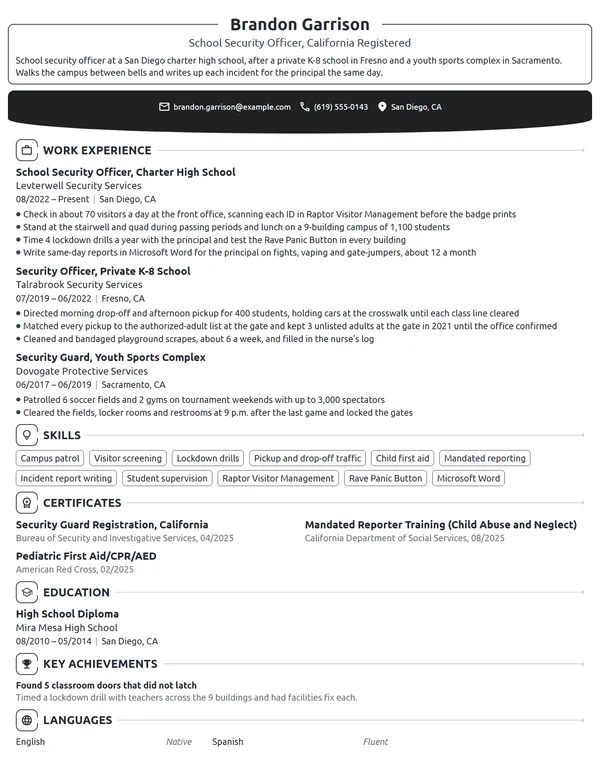School Security Guard resume example