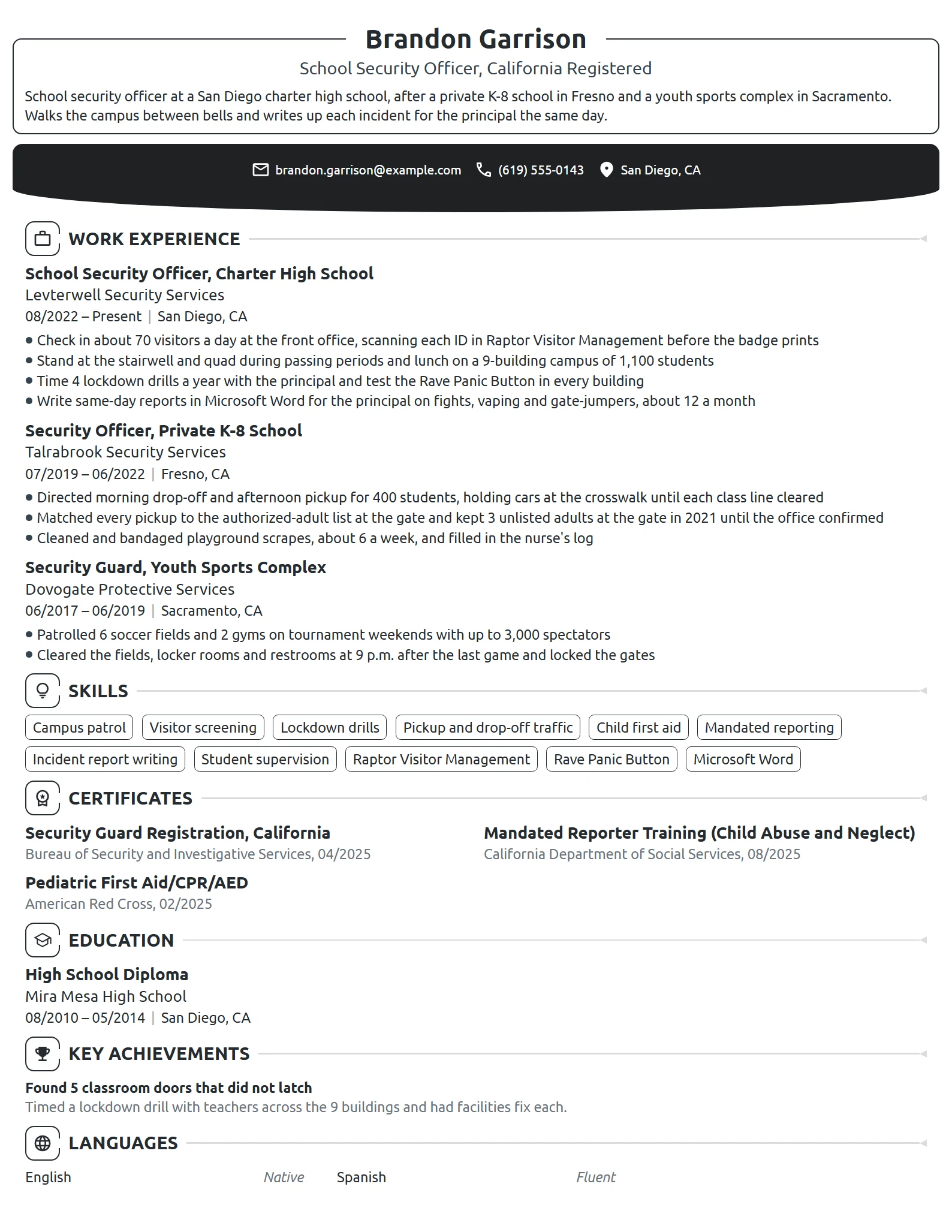 School Security Guard resume example