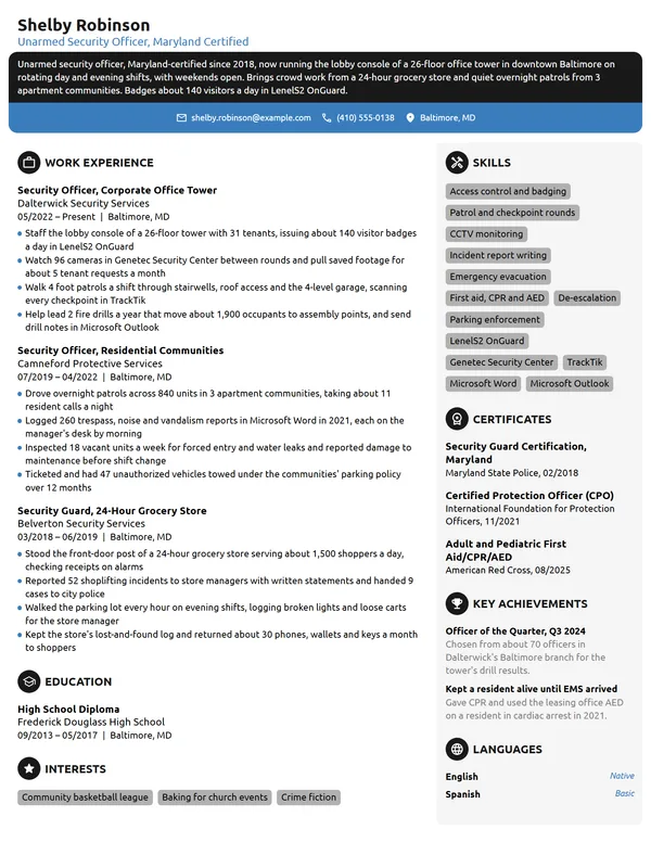 Security Guard resume example