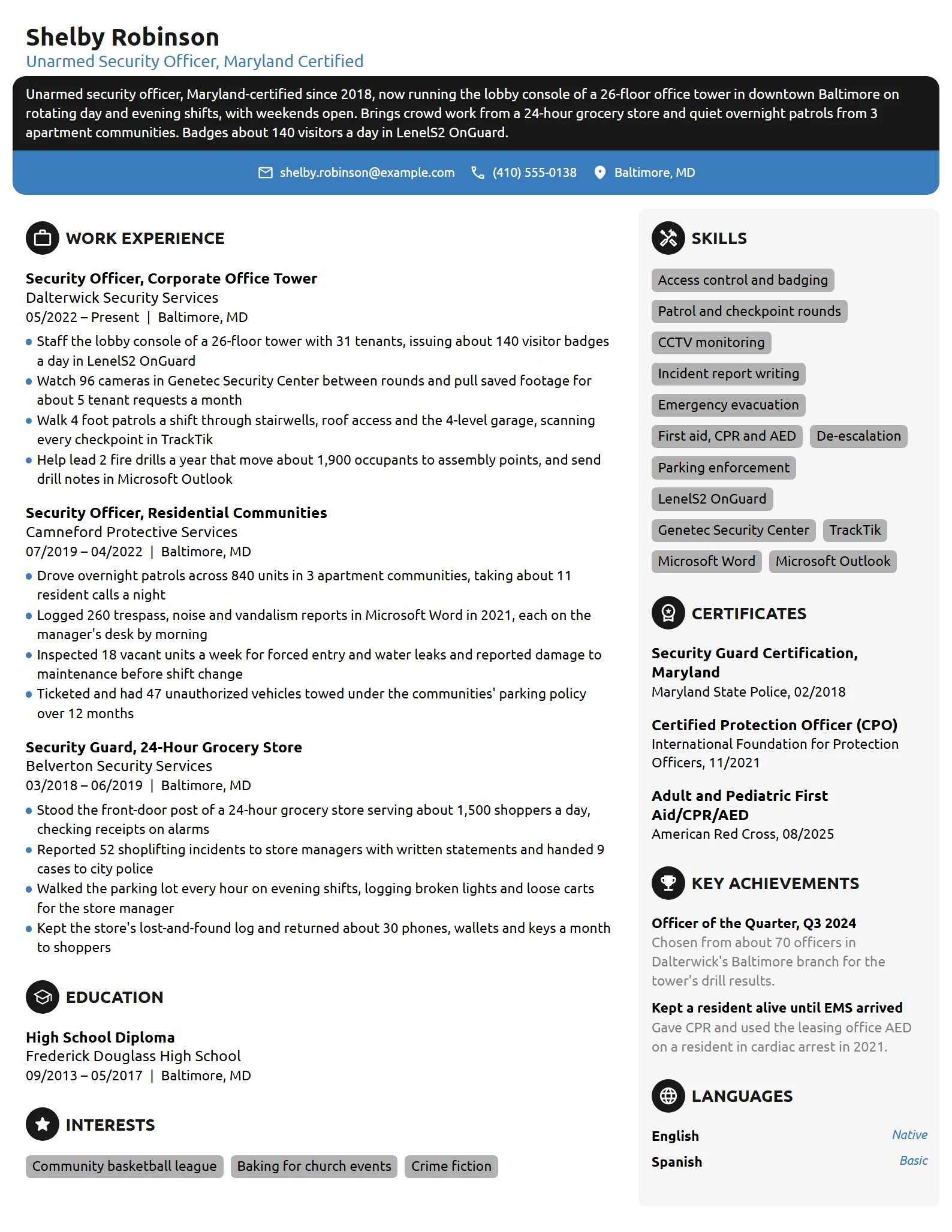 Security Guard resume example