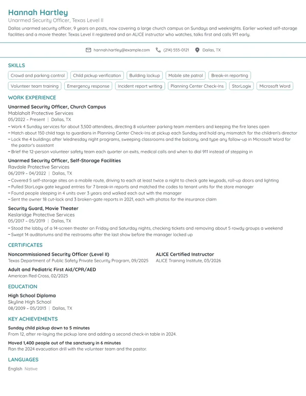 Unarmed Security Guard resume example