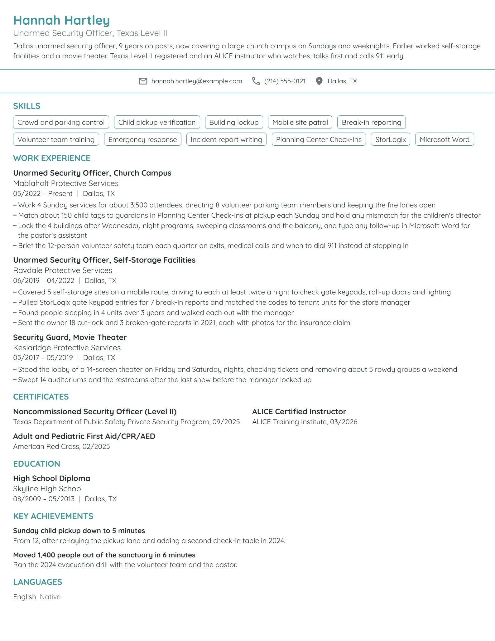 Unarmed Security Guard resume example