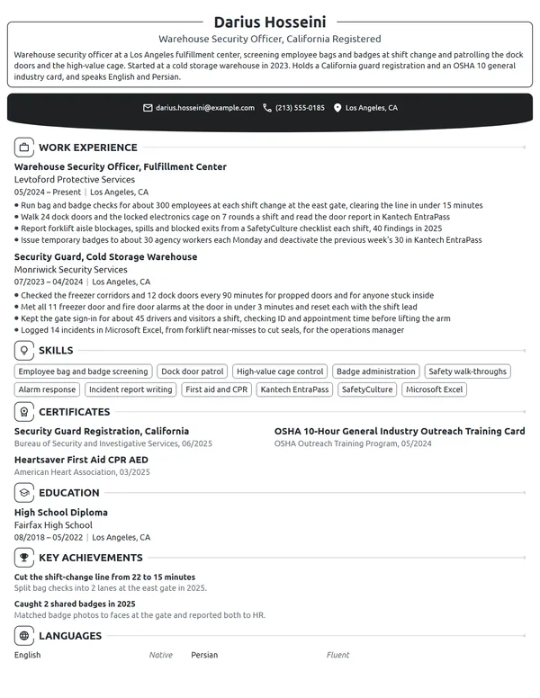 Warehouse Security Guard resume example