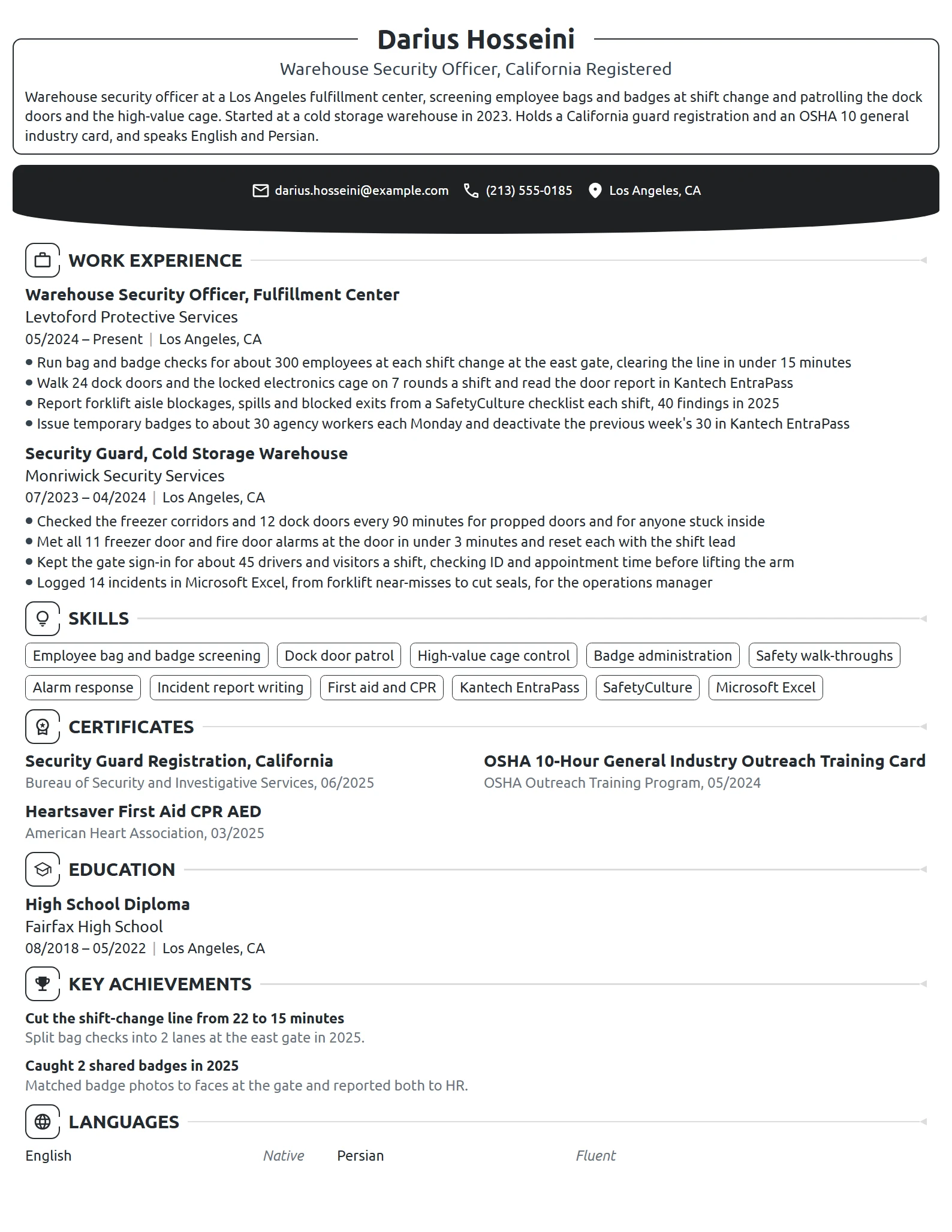 Warehouse Security Guard resume example