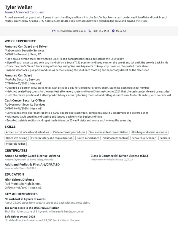 Armored Car Guard resume example