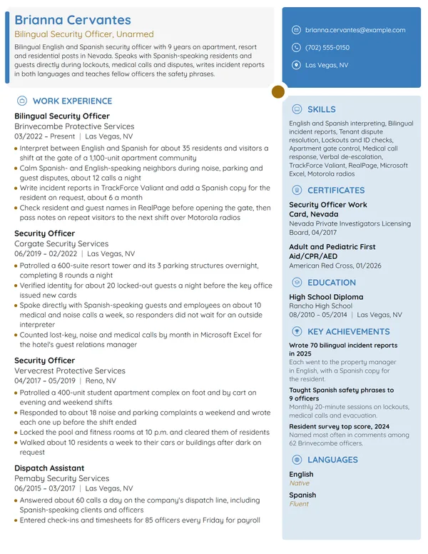 Bilingual Security Officer resume example