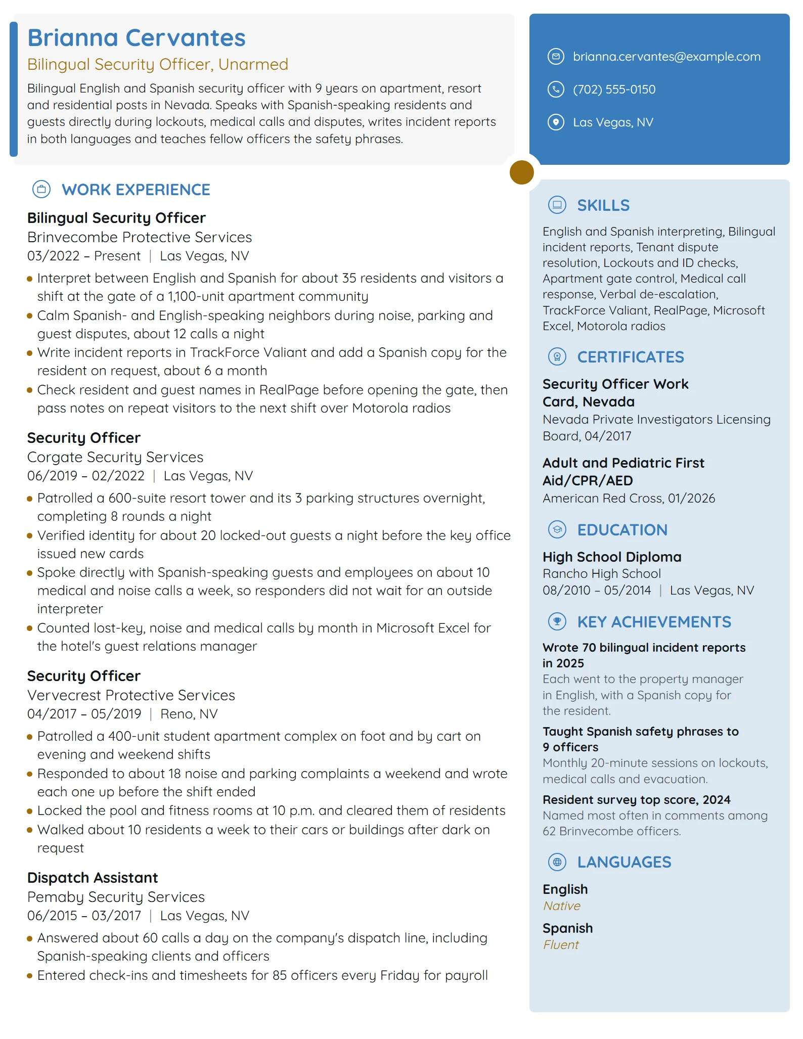 Bilingual Security Officer resume example