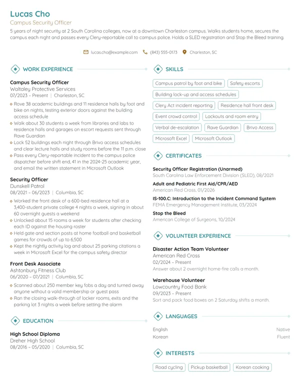 Campus Security Officer resume example
