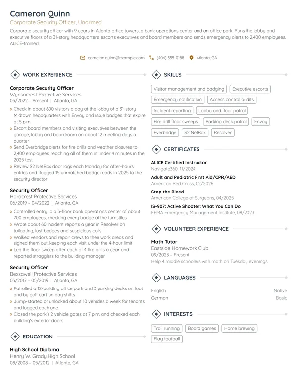 Corporate Security Officer resume example