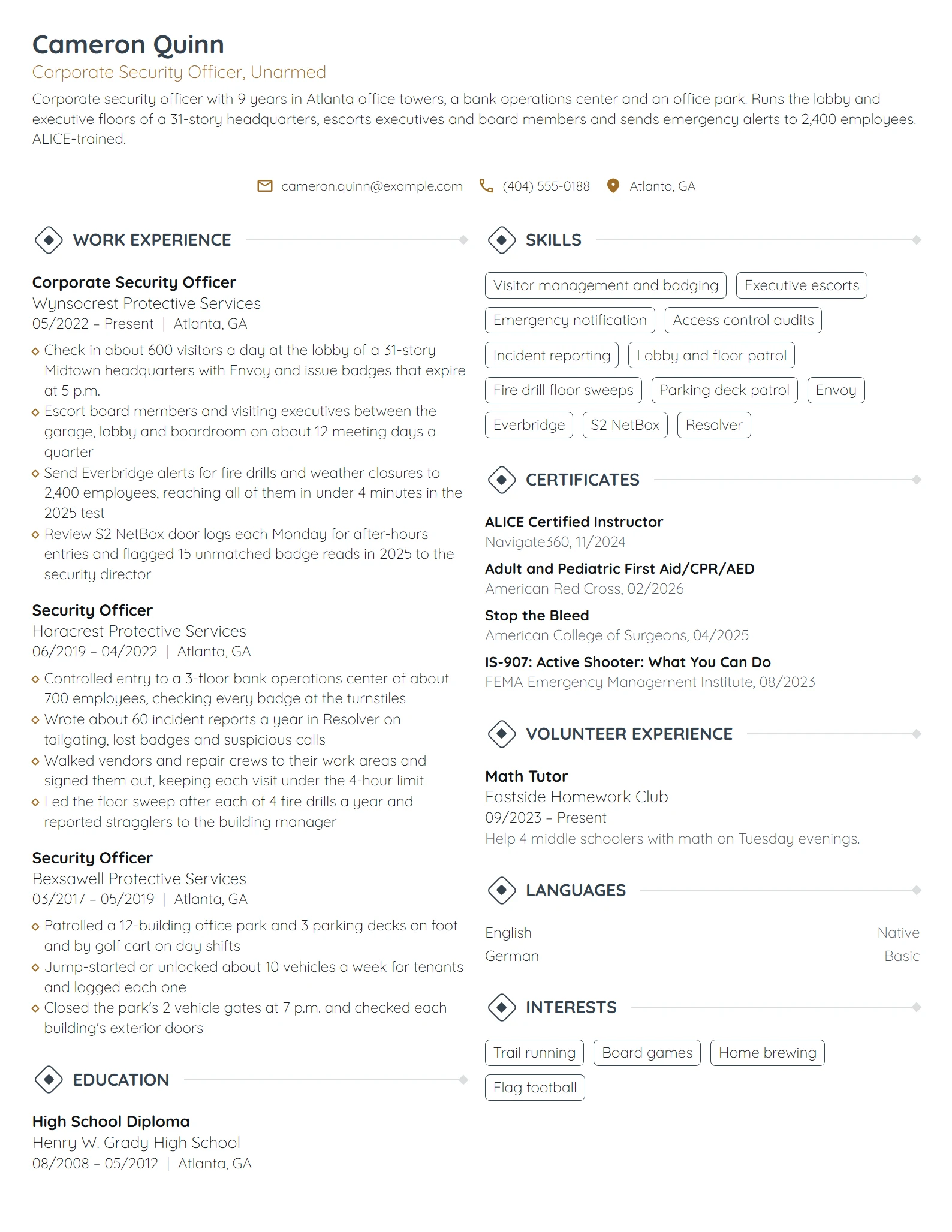 Corporate Security Officer resume example