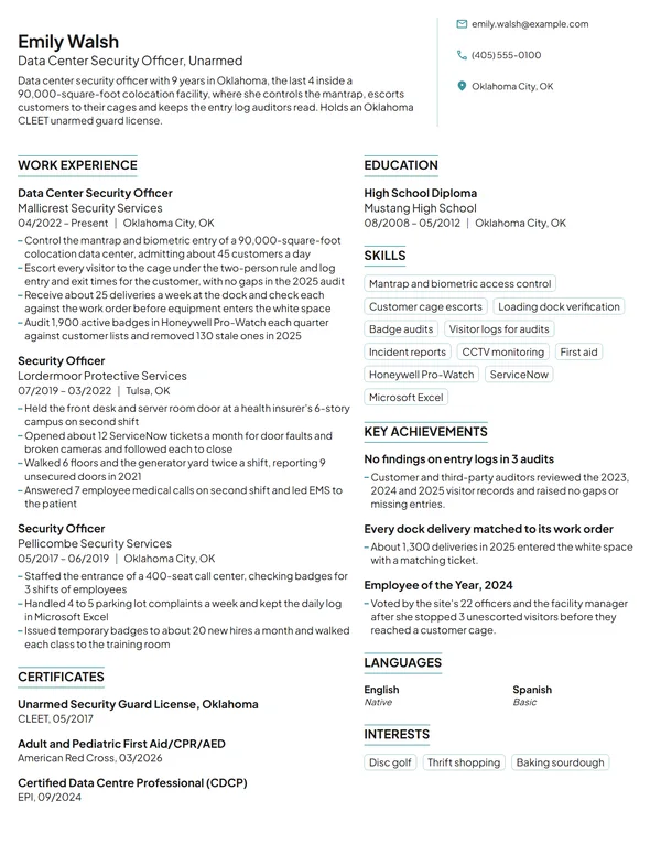 Data Center Security Officer resume example