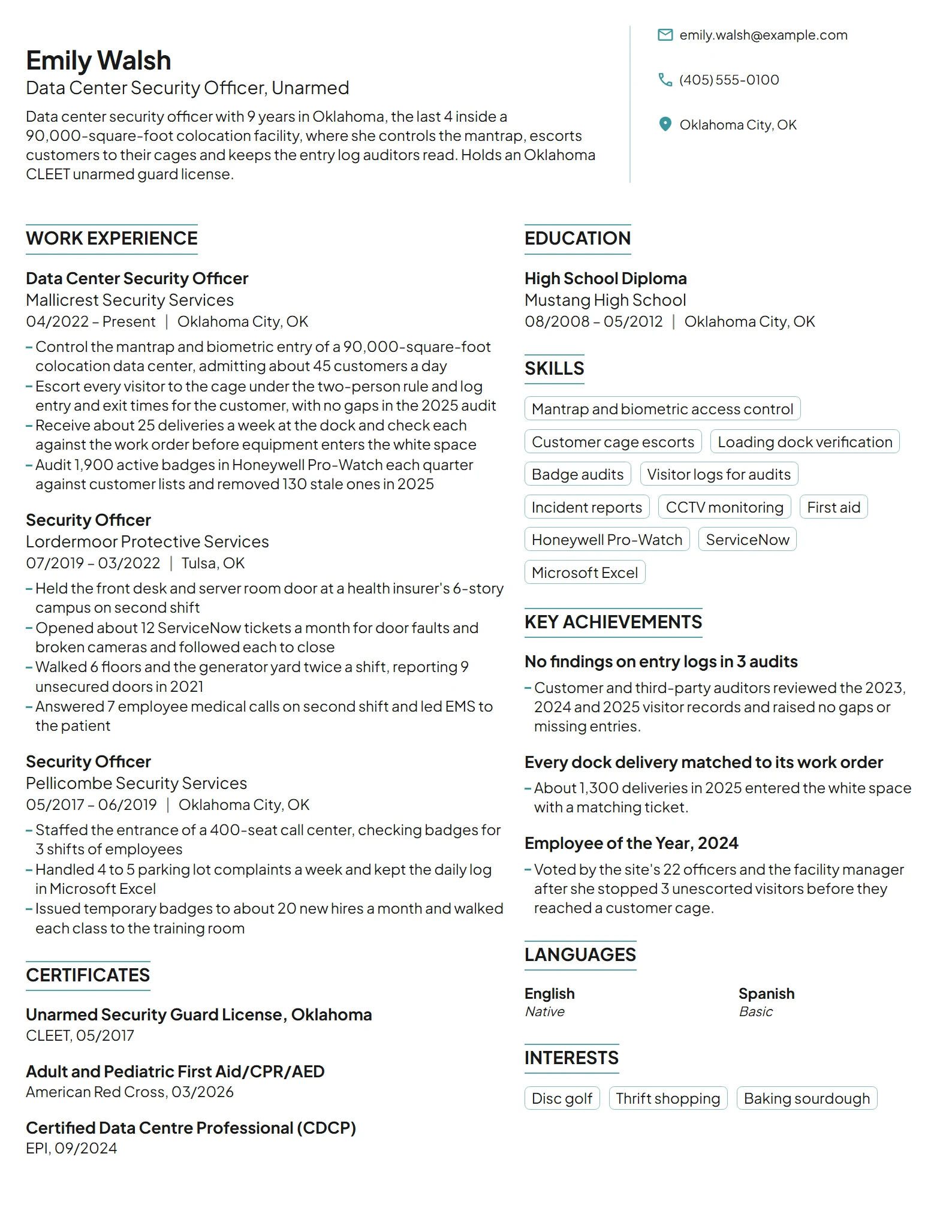 Data Center Security Officer resume example