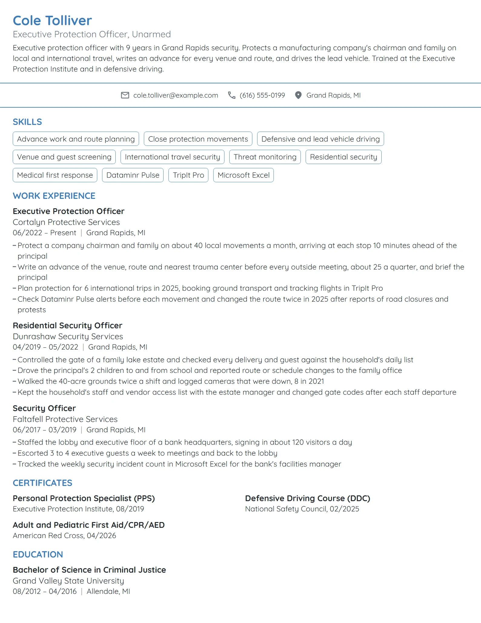 Executive Protection Officer resume example