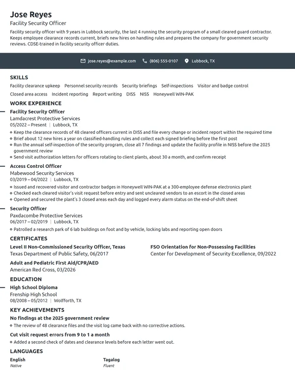 Facility Security Officer resume example
