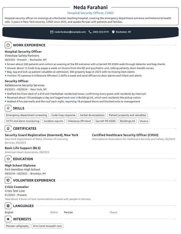 Hospital Security Officer resume example