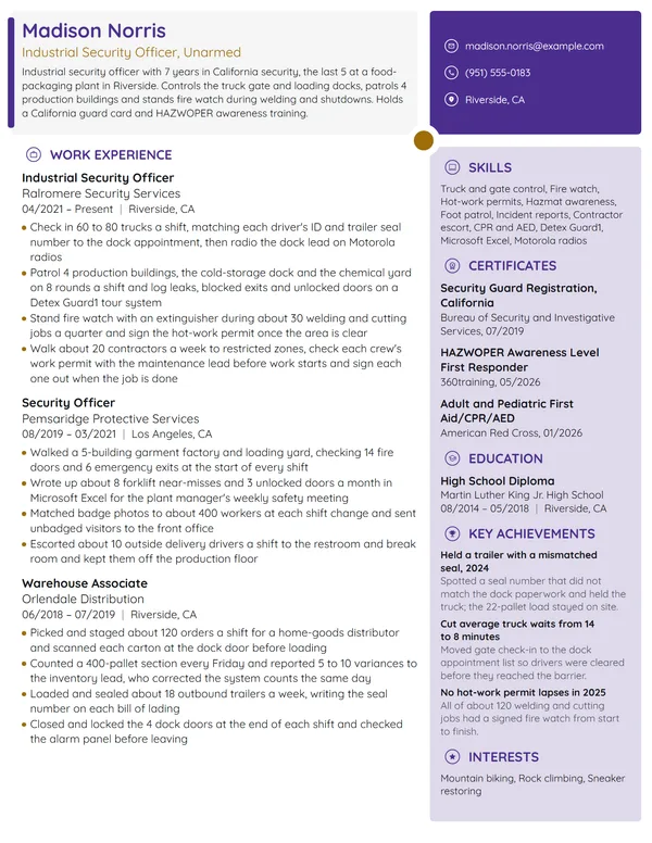 Industrial Security Officer resume example