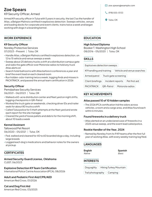 K9 Security Officer resume example