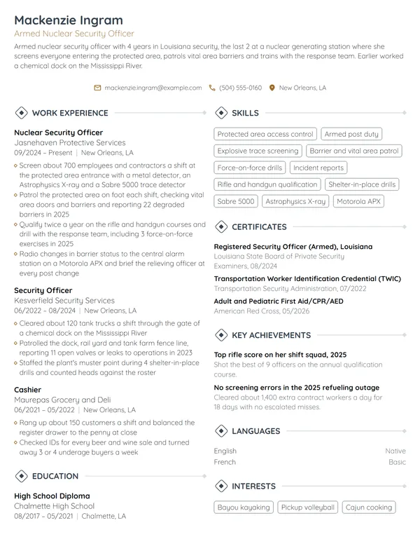 Nuclear Security Officer resume example