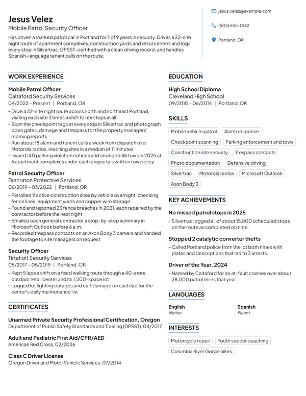 Patrol Security Officer resume example