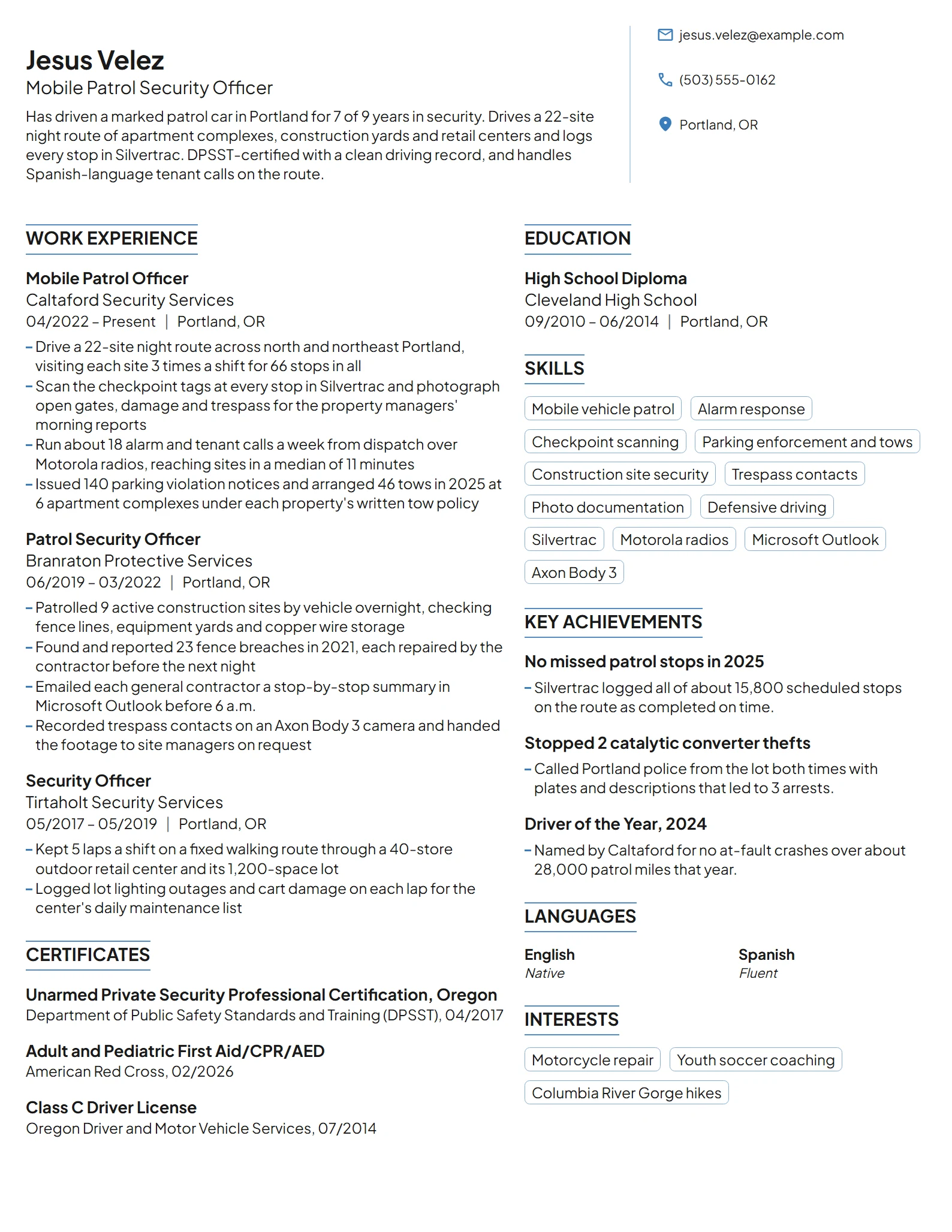 Patrol Security Officer resume example