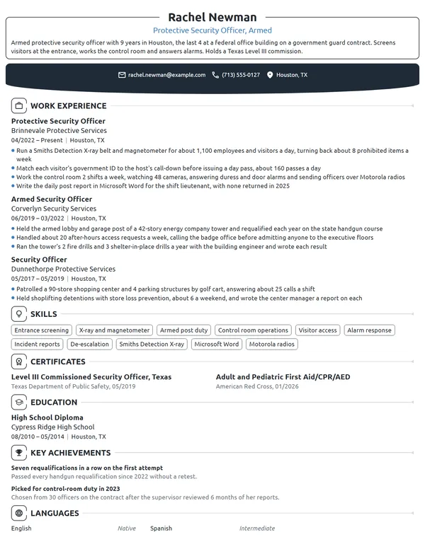 Protective Security Officer resume example