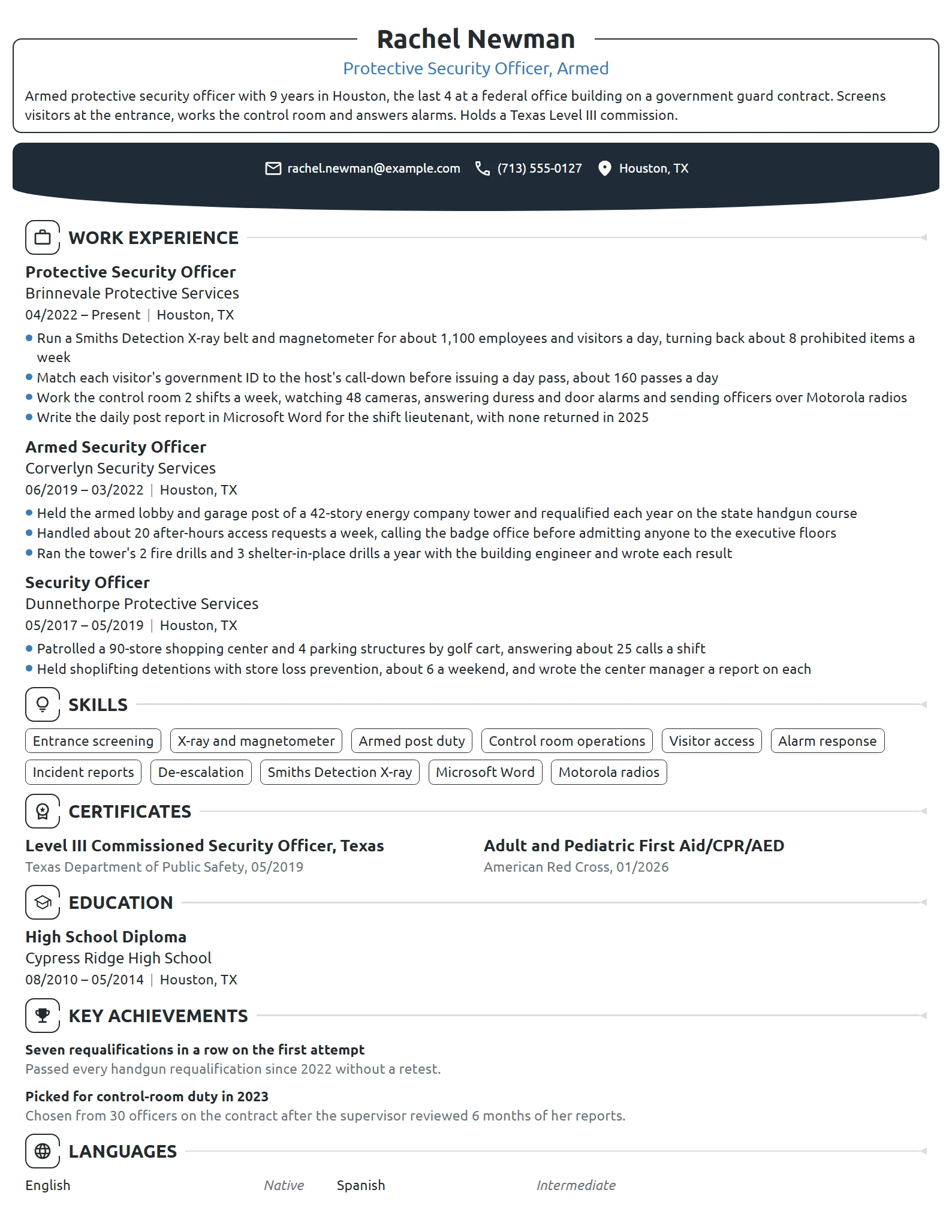Protective Security Officer resume example