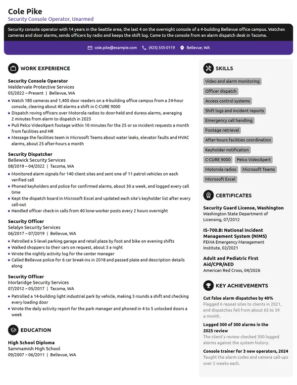 Security Console Operator resume example