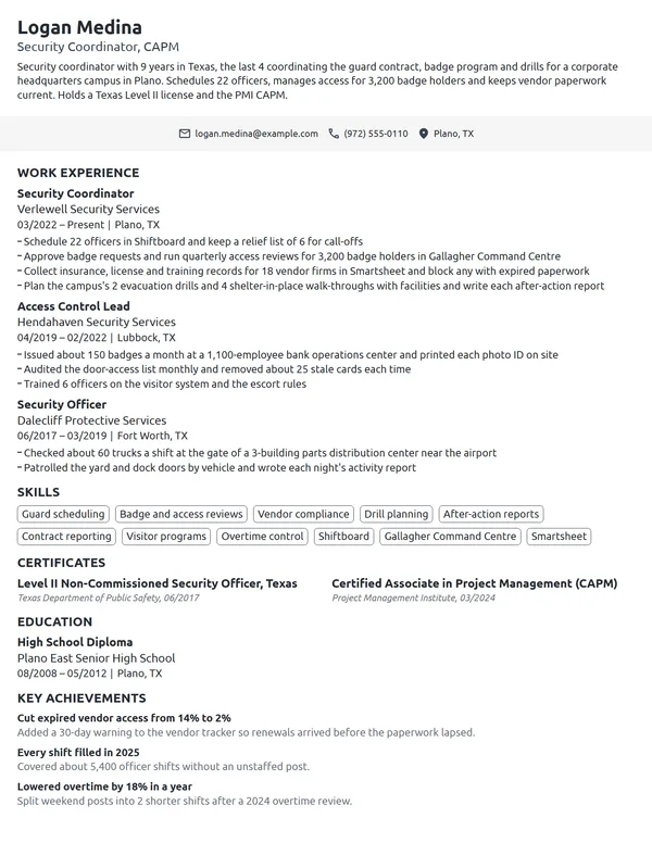Security Coordinator resume example