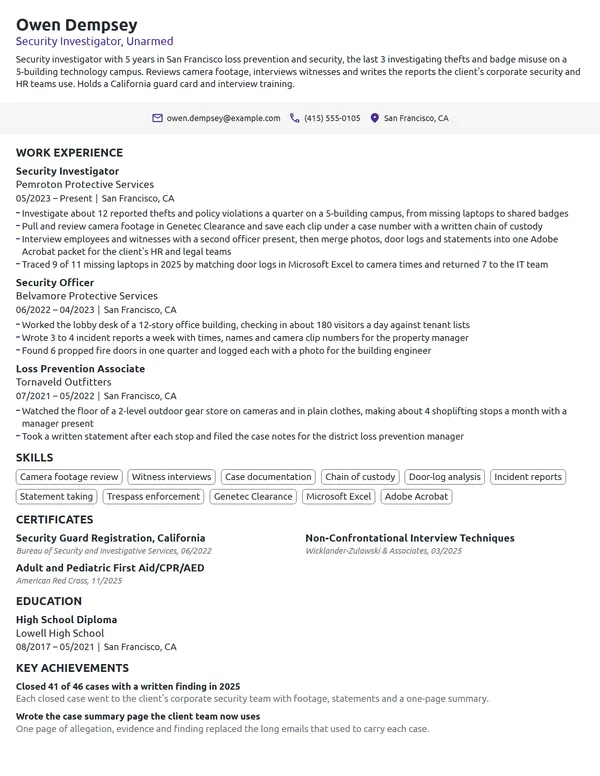 Security Investigator resume example