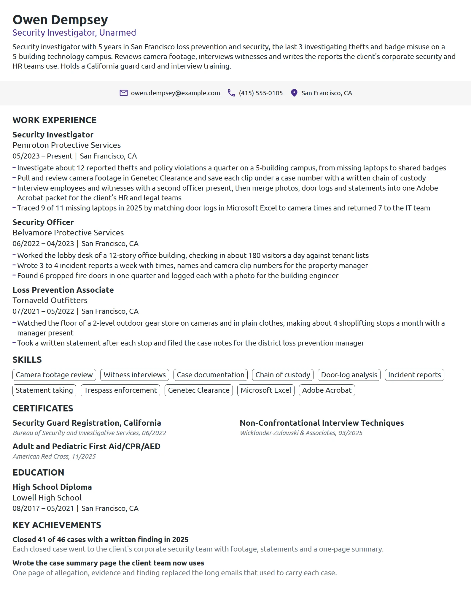 Security Investigator resume example