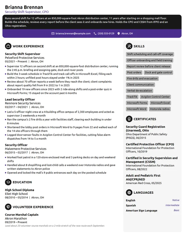 Security Shift Supervisor resume example