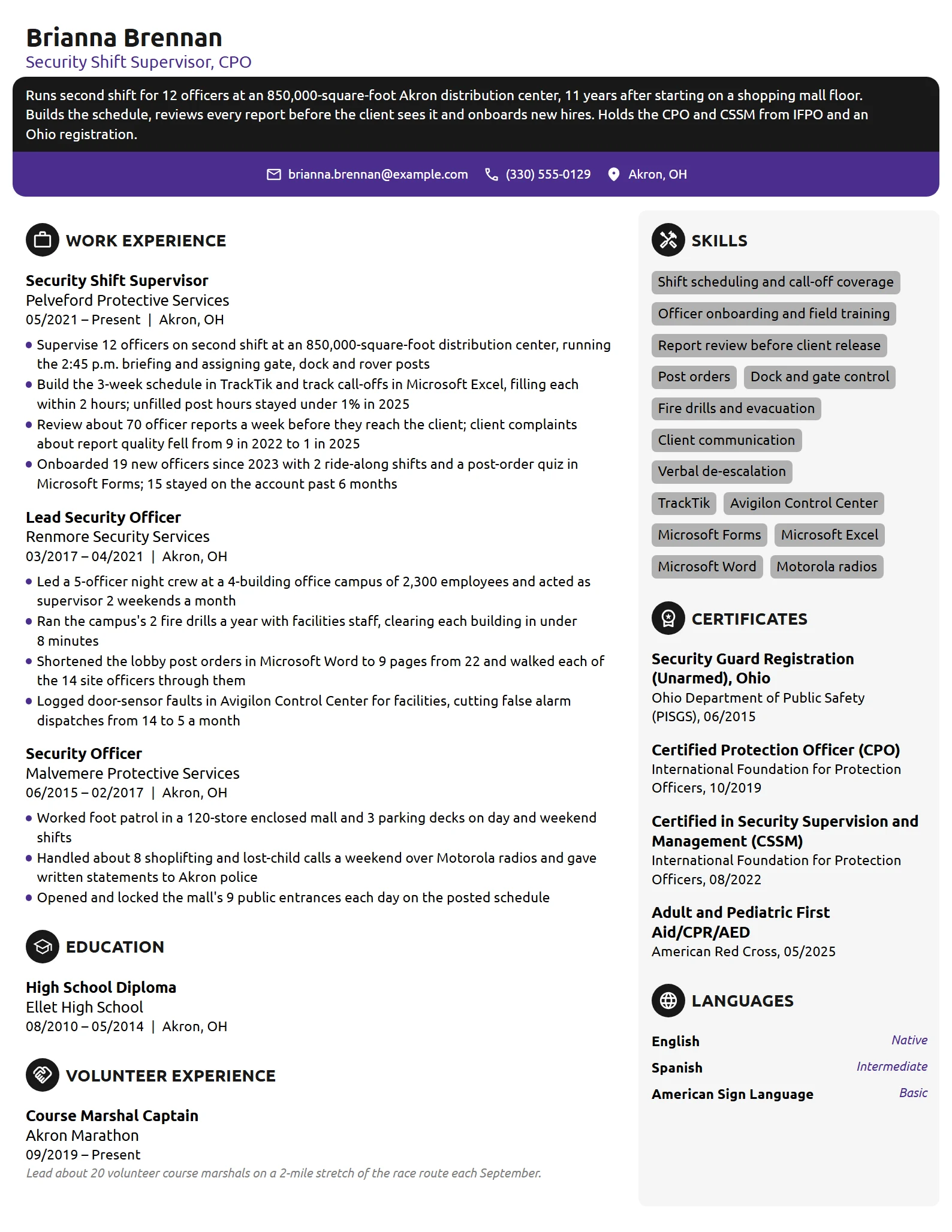 Security Shift Supervisor resume example