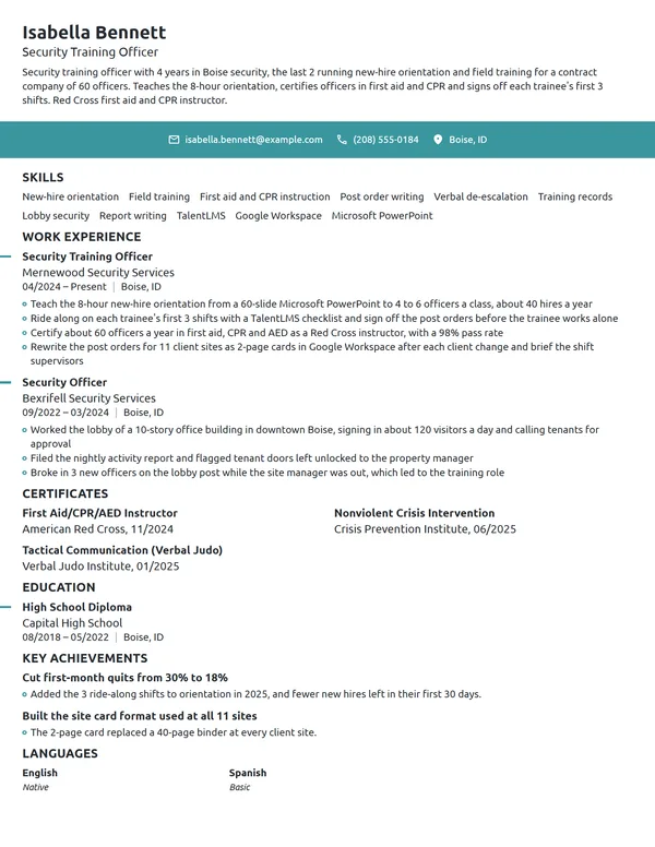 Security Training Officer resume example