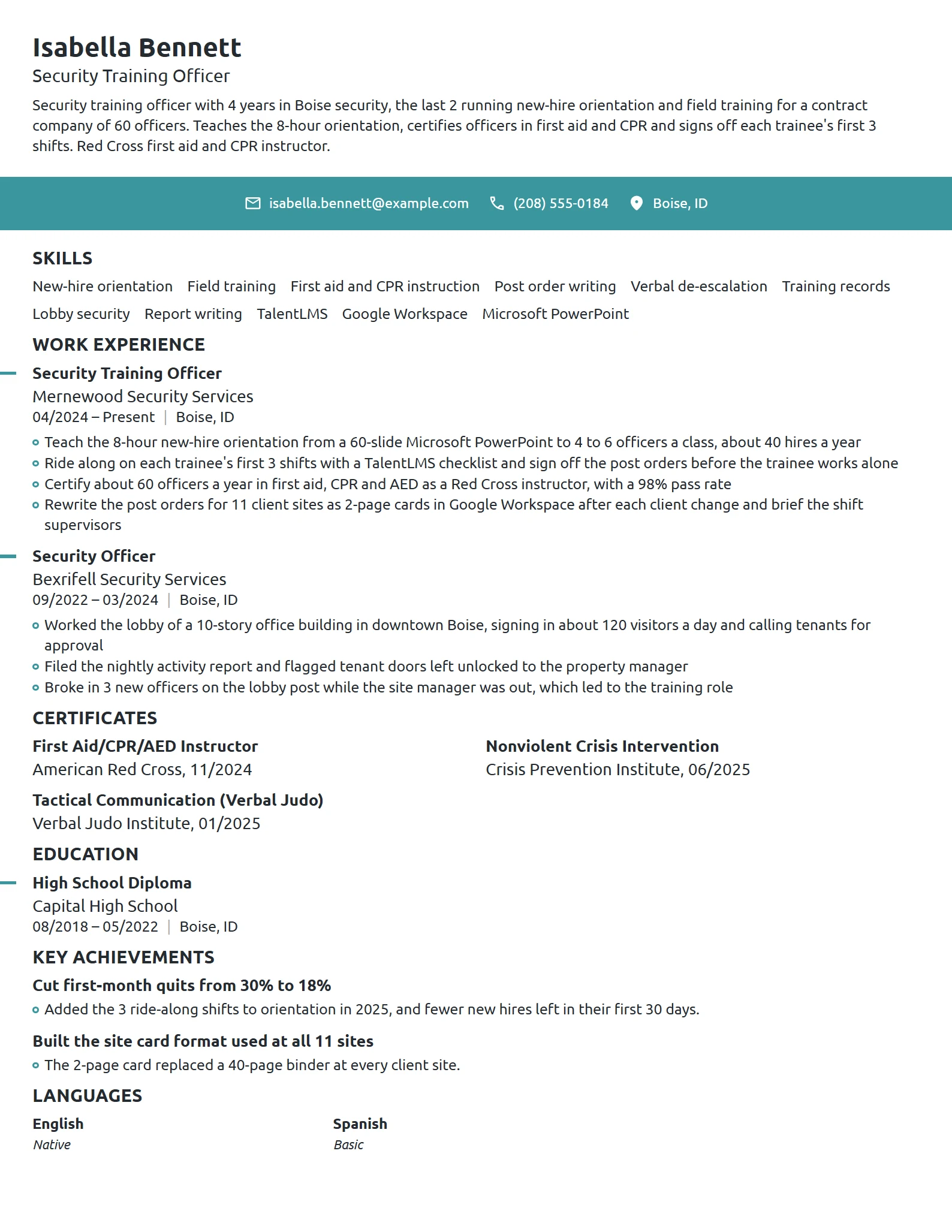 Security Training Officer resume example