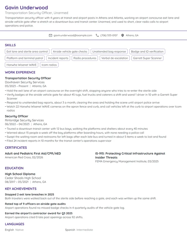 Transportation Security Officer resume example