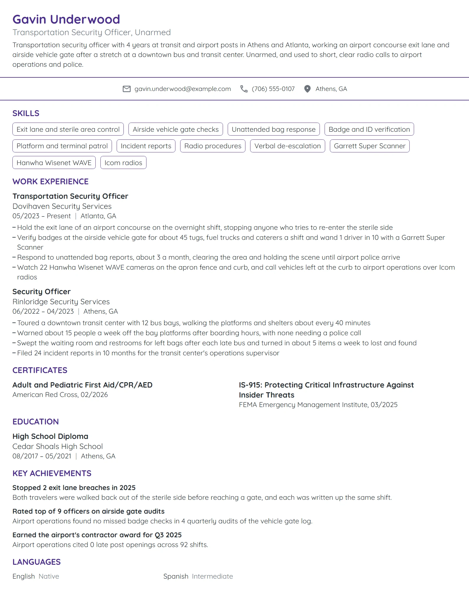 Transportation Security Officer resume example