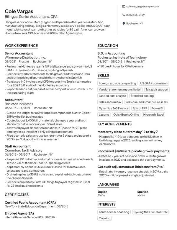 Bilingual Senior Accountant resume example
