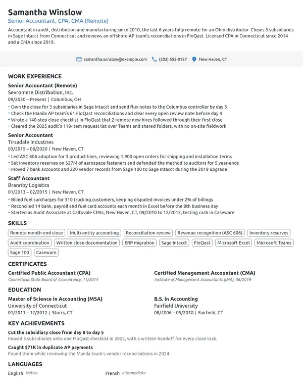 Remote Senior Accountant resume example