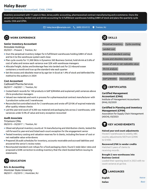 Senior Inventory Accountant resume example